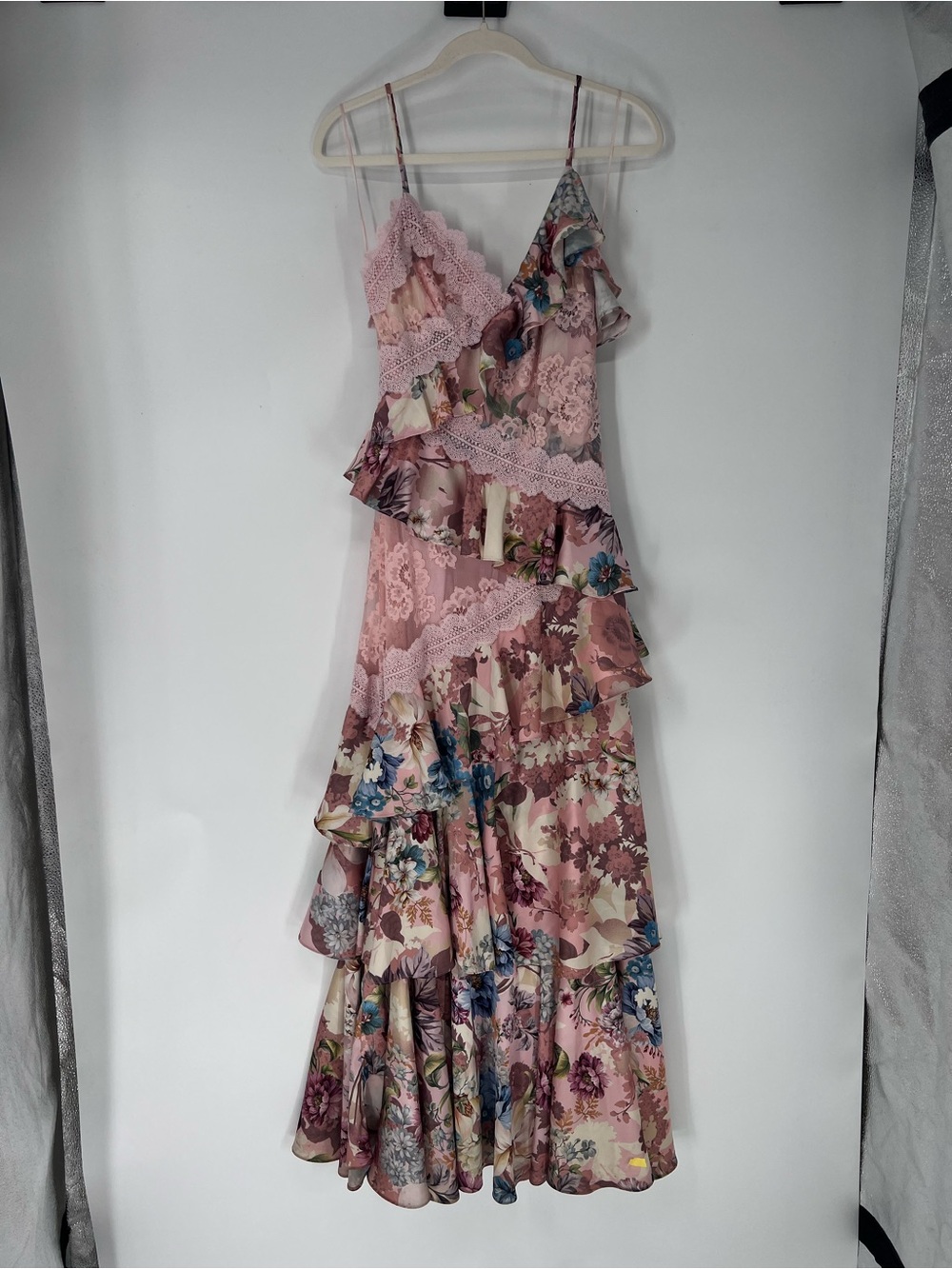 BHLDN Elora Pink Floral Romantic Lace-Trim Ruffle Formal Strappy Maxi Dress 2